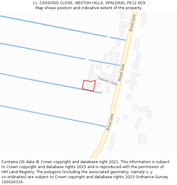 11, CASSONS CLOSE, WESTON HILLS, SPALDING, PE12 6DX: Location map and indicative extent of plot