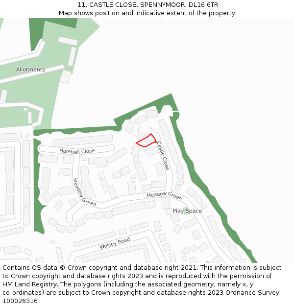 11, CASTLE CLOSE, SPENNYMOOR, DL16 6TR: Location map and indicative extent of plot