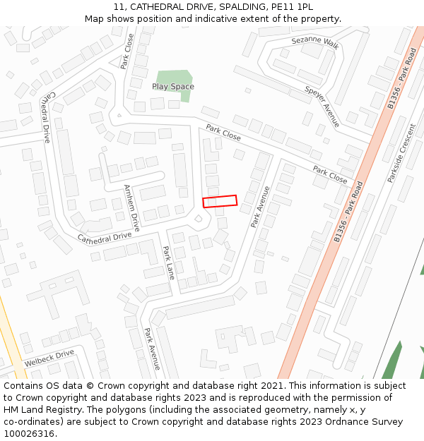 11, CATHEDRAL DRIVE, SPALDING, PE11 1PL: Location map and indicative extent of plot
