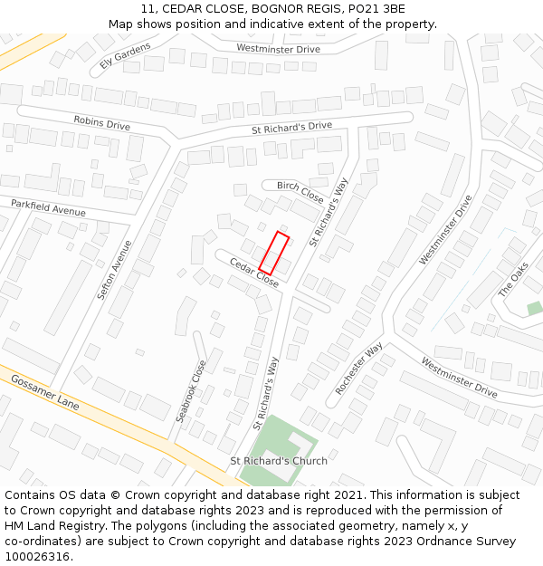 11, CEDAR CLOSE, BOGNOR REGIS, PO21 3BE: Location map and indicative extent of plot