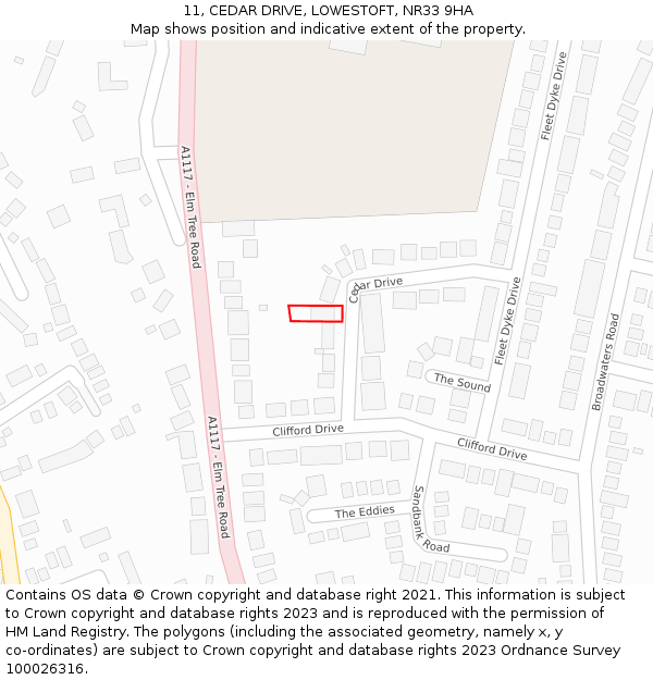 11, CEDAR DRIVE, LOWESTOFT, NR33 9HA: Location map and indicative extent of plot