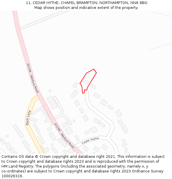 11, CEDAR HYTHE, CHAPEL BRAMPTON, NORTHAMPTON, NN6 8BG: Location map and indicative extent of plot