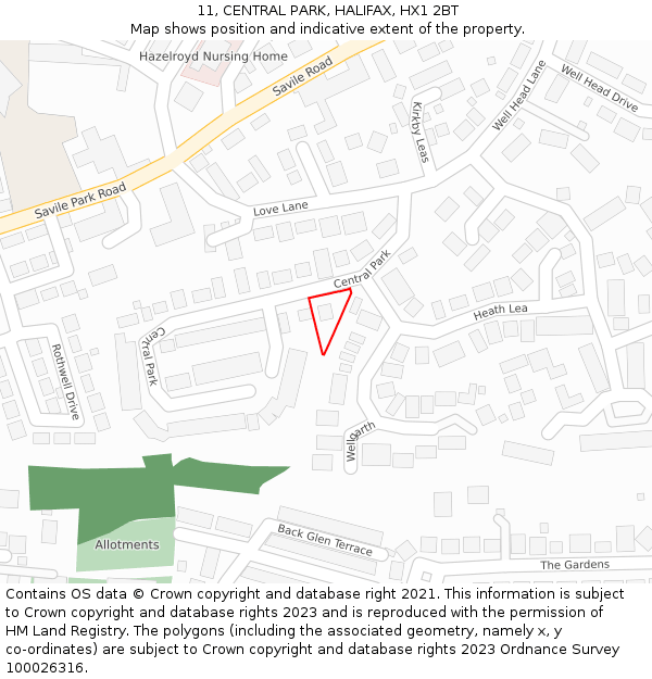 11, CENTRAL PARK, HALIFAX, HX1 2BT: Location map and indicative extent of plot