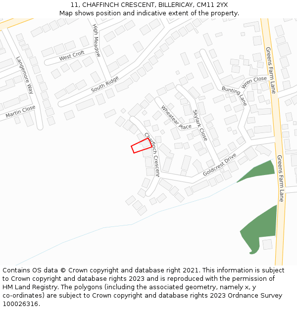 11, CHAFFINCH CRESCENT, BILLERICAY, CM11 2YX: Location map and indicative extent of plot