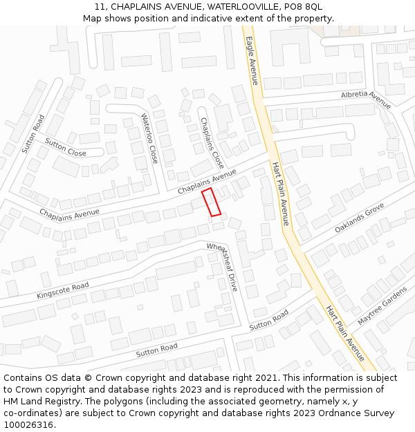 11, CHAPLAINS AVENUE, WATERLOOVILLE, PO8 8QL: Location map and indicative extent of plot