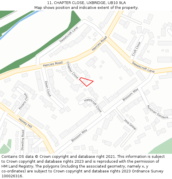 11, CHAPTER CLOSE, UXBRIDGE, UB10 9LA: Location map and indicative extent of plot