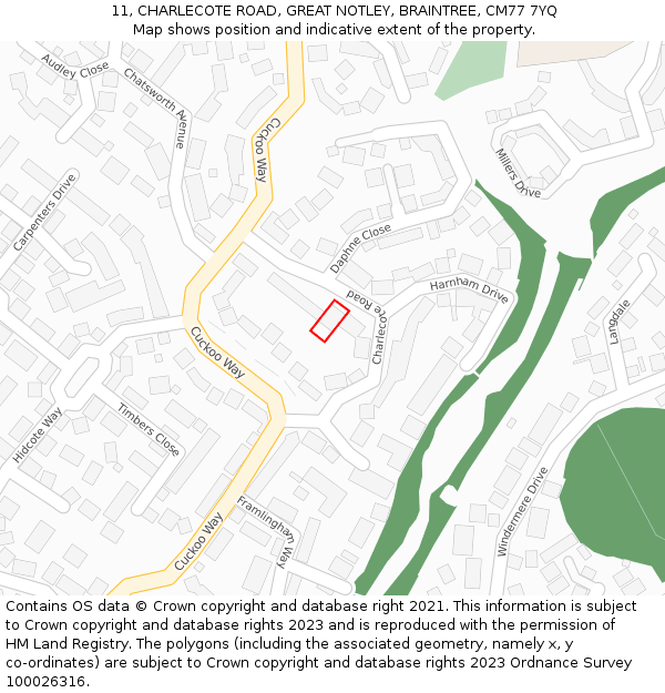 11, CHARLECOTE ROAD, GREAT NOTLEY, BRAINTREE, CM77 7YQ: Location map and indicative extent of plot