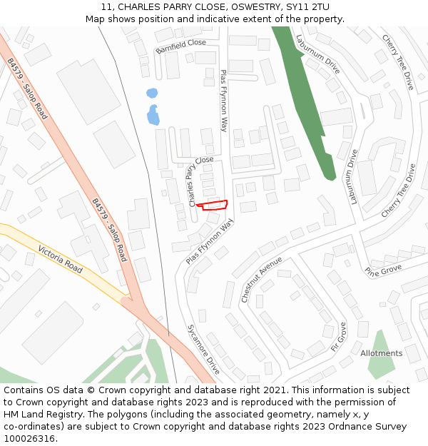 11, CHARLES PARRY CLOSE, OSWESTRY, SY11 2TU: Location map and indicative extent of plot