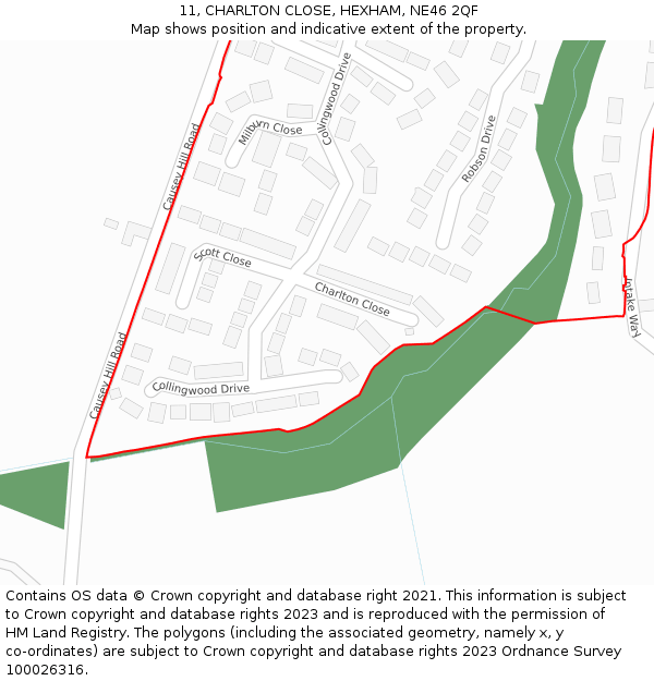 11, CHARLTON CLOSE, HEXHAM, NE46 2QF: Location map and indicative extent of plot