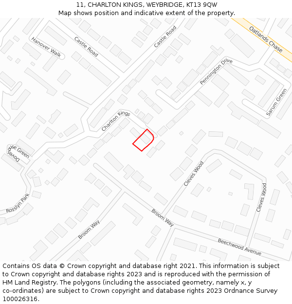11, CHARLTON KINGS, WEYBRIDGE, KT13 9QW: Location map and indicative extent of plot