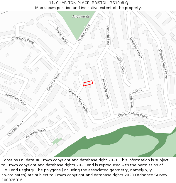 11, CHARLTON PLACE, BRISTOL, BS10 6LQ: Location map and indicative extent of plot