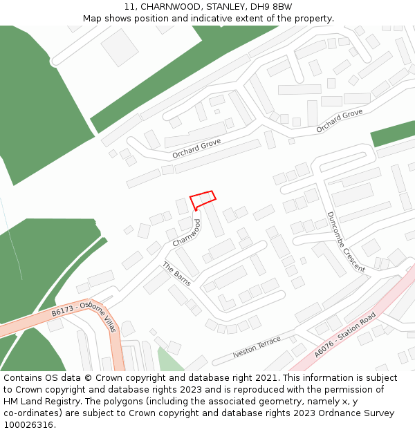 11, CHARNWOOD, STANLEY, DH9 8BW: Location map and indicative extent of plot