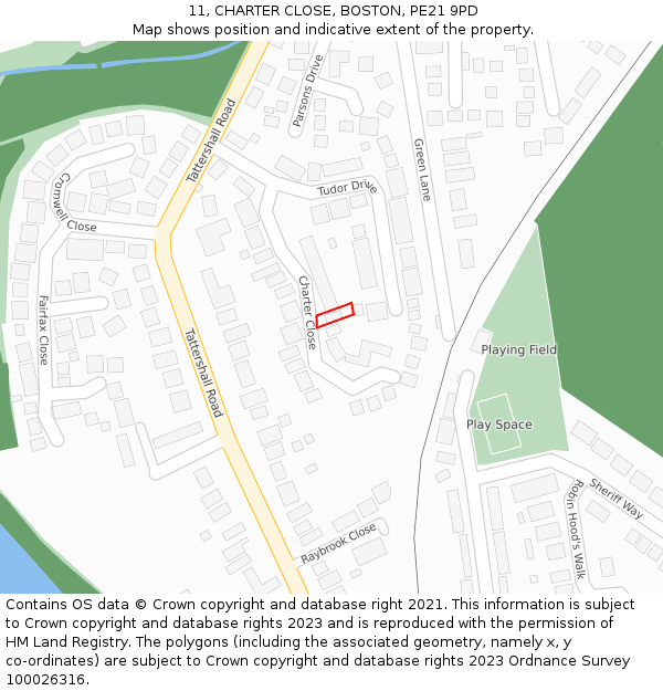 11, CHARTER CLOSE, BOSTON, PE21 9PD: Location map and indicative extent of plot