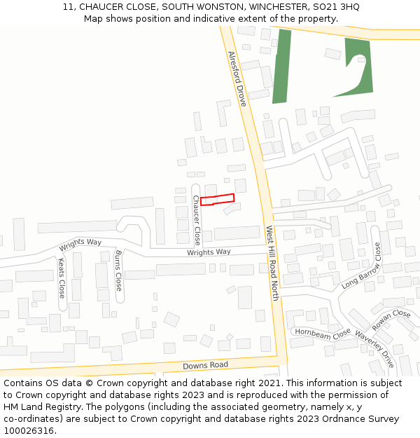 11, CHAUCER CLOSE, SOUTH WONSTON, WINCHESTER, SO21 3HQ: Location map and indicative extent of plot