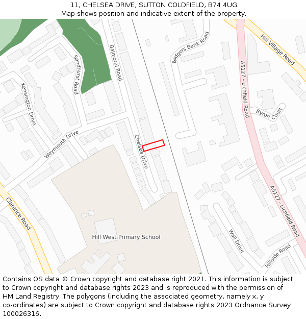 11, CHELSEA DRIVE, SUTTON COLDFIELD, B74 4UG: Location map and indicative extent of plot
