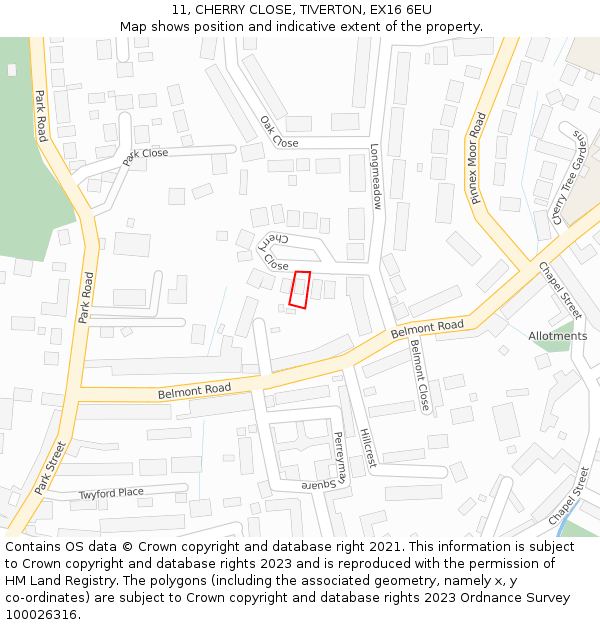 11, CHERRY CLOSE, TIVERTON, EX16 6EU: Location map and indicative extent of plot
