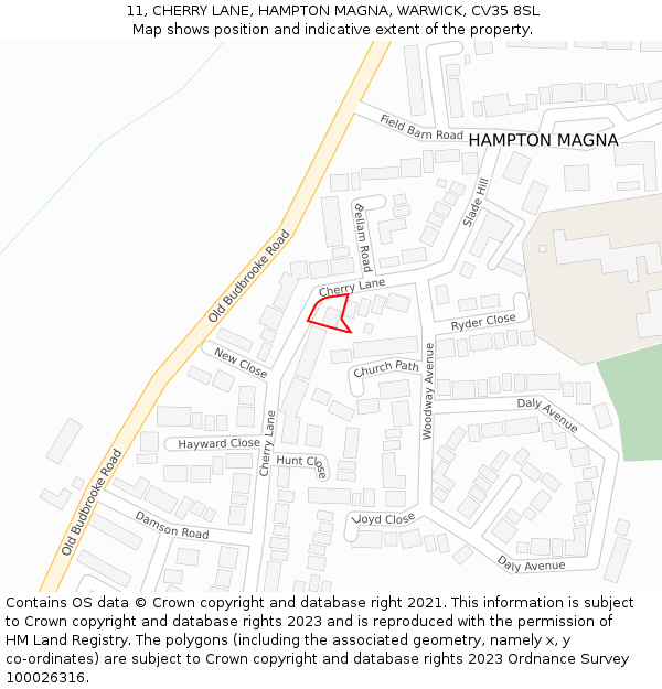 11, CHERRY LANE, HAMPTON MAGNA, WARWICK, CV35 8SL: Location map and indicative extent of plot