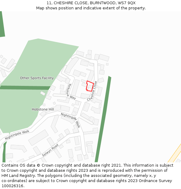 11, CHESHIRE CLOSE, BURNTWOOD, WS7 9QX: Location map and indicative extent of plot