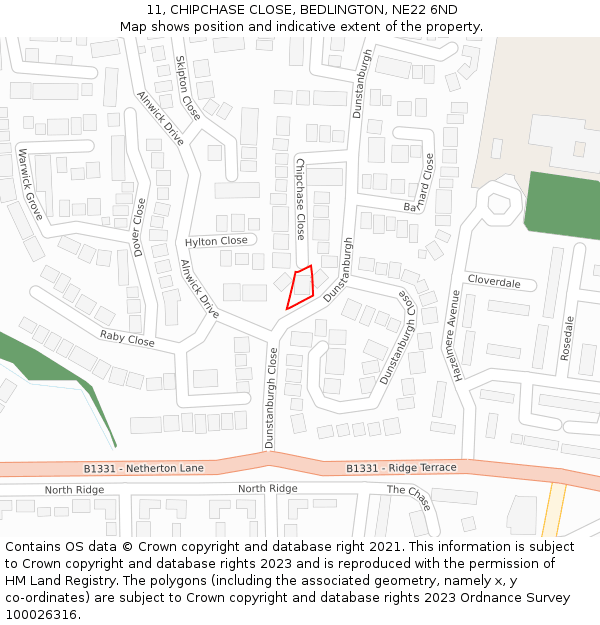 11, CHIPCHASE CLOSE, BEDLINGTON, NE22 6ND: Location map and indicative extent of plot