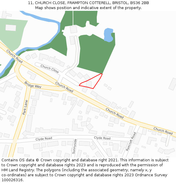 11, CHURCH CLOSE, FRAMPTON COTTERELL, BRISTOL, BS36 2BB: Location map and indicative extent of plot