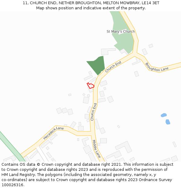 11, CHURCH END, NETHER BROUGHTON, MELTON MOWBRAY, LE14 3ET: Location map and indicative extent of plot