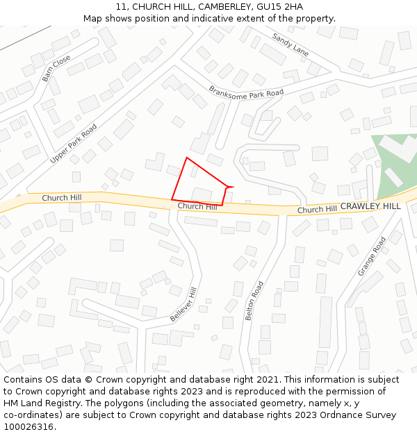 11, CHURCH HILL, CAMBERLEY, GU15 2HA: Location map and indicative extent of plot