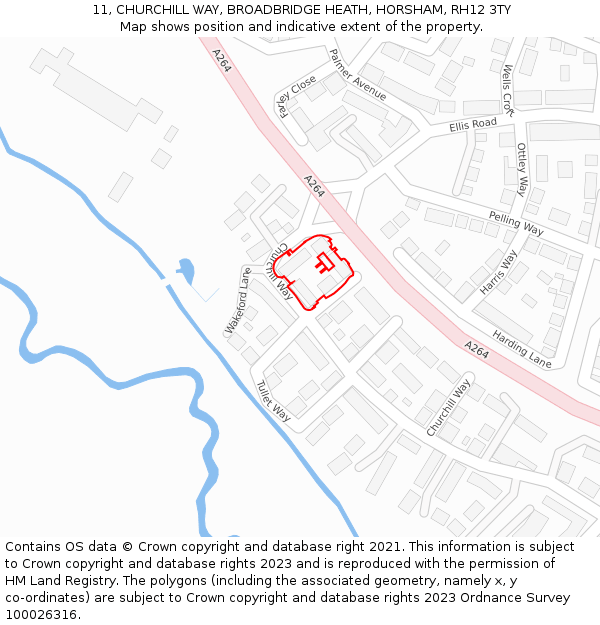 11, CHURCHILL WAY, BROADBRIDGE HEATH, HORSHAM, RH12 3TY: Location map and indicative extent of plot