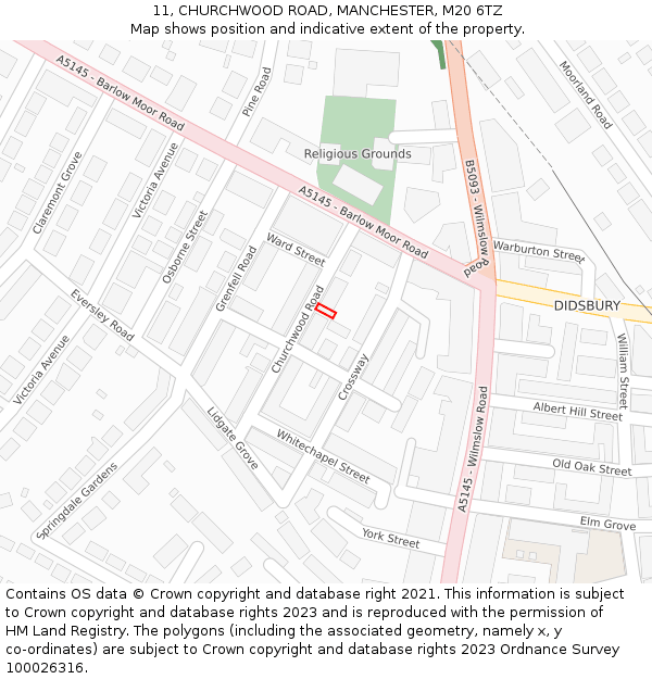 11, CHURCHWOOD ROAD, MANCHESTER, M20 6TZ: Location map and indicative extent of plot