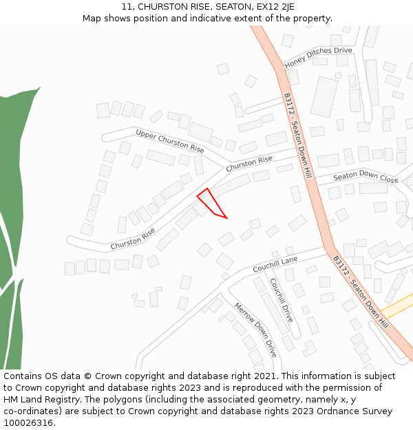 11, CHURSTON RISE, SEATON, EX12 2JE: Location map and indicative extent of plot