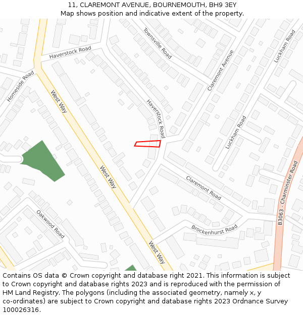 11, CLAREMONT AVENUE, BOURNEMOUTH, BH9 3EY: Location map and indicative extent of plot