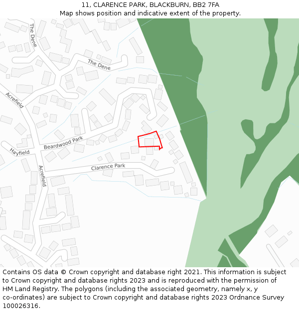 11, CLARENCE PARK, BLACKBURN, BB2 7FA: Location map and indicative extent of plot