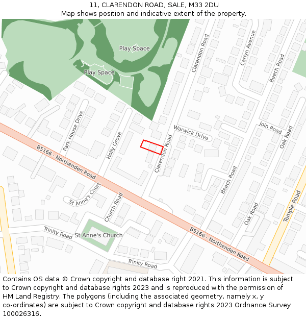 11, CLARENDON ROAD, SALE, M33 2DU: Location map and indicative extent of plot