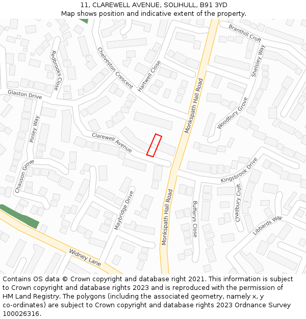 11, CLAREWELL AVENUE, SOLIHULL, B91 3YD: Location map and indicative extent of plot