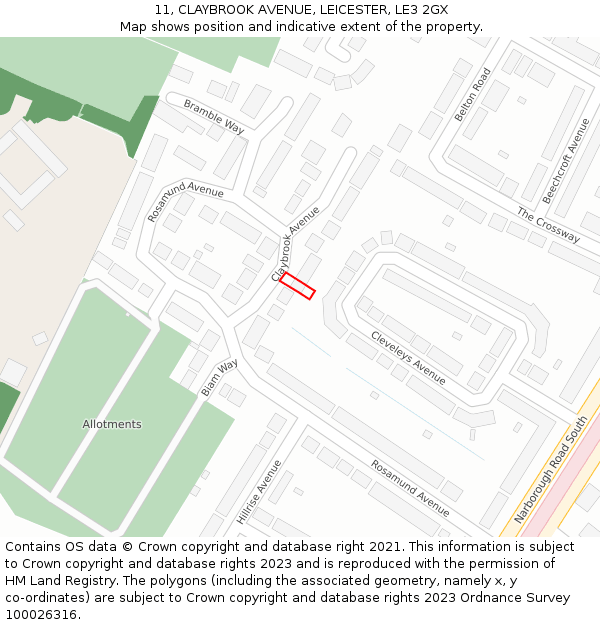 11, CLAYBROOK AVENUE, LEICESTER, LE3 2GX: Location map and indicative extent of plot