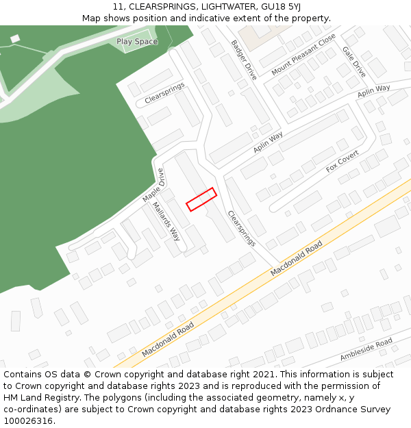 11, CLEARSPRINGS, LIGHTWATER, GU18 5YJ: Location map and indicative extent of plot