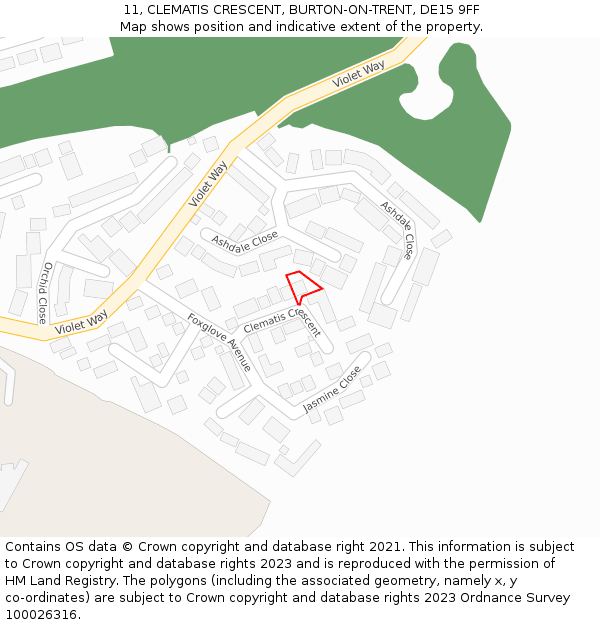 11, CLEMATIS CRESCENT, BURTON-ON-TRENT, DE15 9FF: Location map and indicative extent of plot