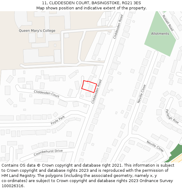 11, CLIDDESDEN COURT, BASINGSTOKE, RG21 3ES: Location map and indicative extent of plot