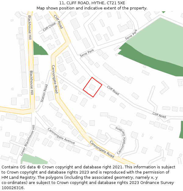11, CLIFF ROAD, HYTHE, CT21 5XE: Location map and indicative extent of plot