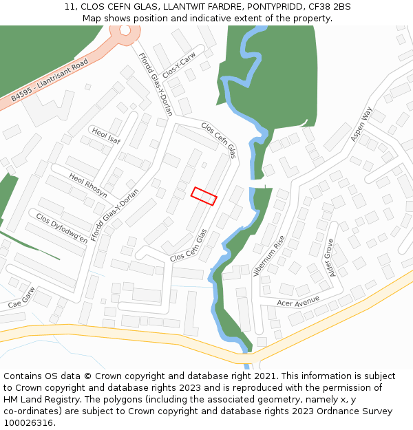 11, CLOS CEFN GLAS, LLANTWIT FARDRE, PONTYPRIDD, CF38 2BS: Location map and indicative extent of plot