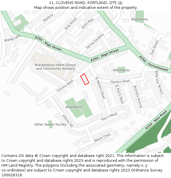 11, CLOVENS ROAD, PORTLAND, DT5 1JL: Location map and indicative extent of plot