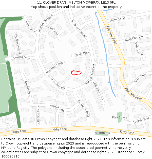 11, CLOVER DRIVE, MELTON MOWBRAY, LE13 0FL: Location map and indicative extent of plot