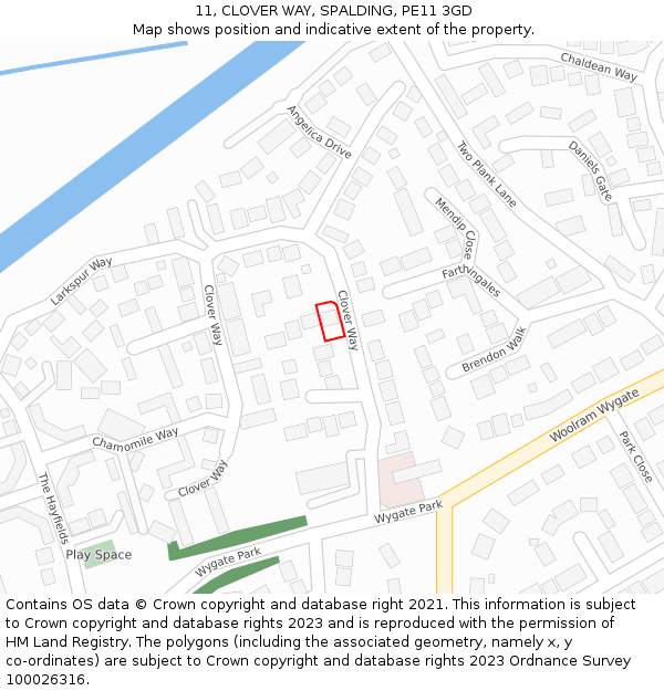 11, CLOVER WAY, SPALDING, PE11 3GD: Location map and indicative extent of plot