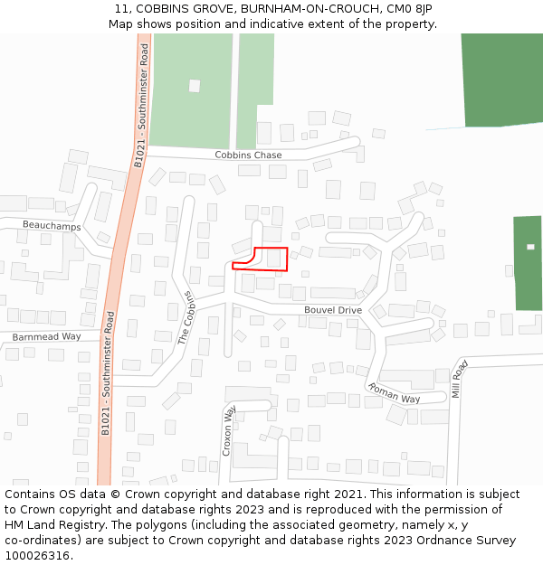 11, COBBINS GROVE, BURNHAM-ON-CROUCH, CM0 8JP: Location map and indicative extent of plot