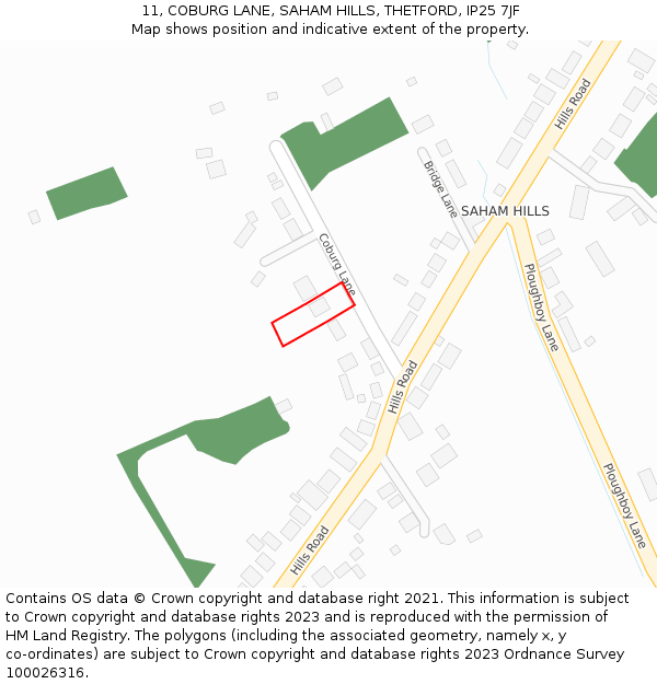 11, COBURG LANE, SAHAM HILLS, THETFORD, IP25 7JF: Location map and indicative extent of plot