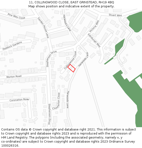 11, COLLINGWOOD CLOSE, EAST GRINSTEAD, RH19 4BQ: Location map and indicative extent of plot