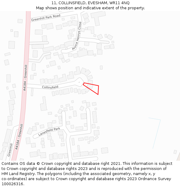 11, COLLINSFIELD, EVESHAM, WR11 4NQ: Location map and indicative extent of plot