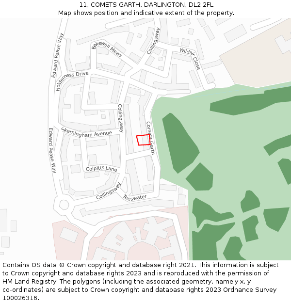 11, COMETS GARTH, DARLINGTON, DL2 2FL: Location map and indicative extent of plot