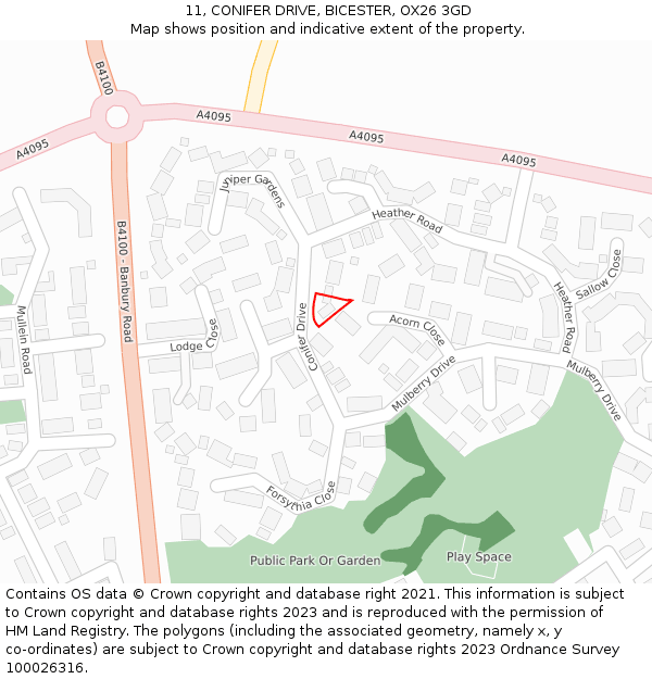 11, CONIFER DRIVE, BICESTER, OX26 3GD: Location map and indicative extent of plot