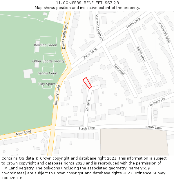 11, CONIFERS, BENFLEET, SS7 2JR: Location map and indicative extent of plot