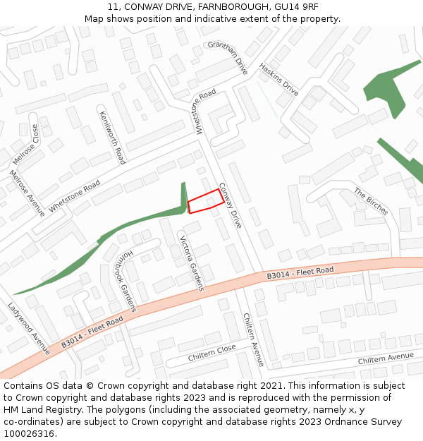 11, CONWAY DRIVE, FARNBOROUGH, GU14 9RF: Location map and indicative extent of plot